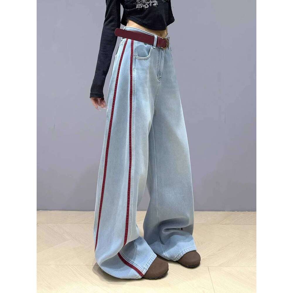 2025 NEW Splicing Blue High Street Straight Leg Fashion Y2k Style American Spring Oversized Women's Loose Jeans