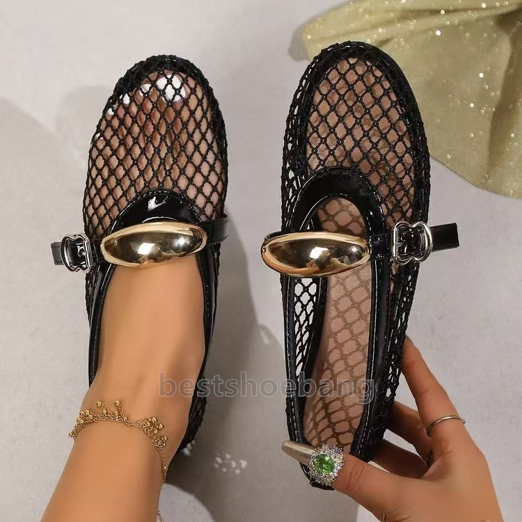 mesh ballet flats heels mary jane shoes loafers womens fashion soft sole low-heels designer women shoes balck white fishing net weaving buckle luxury 