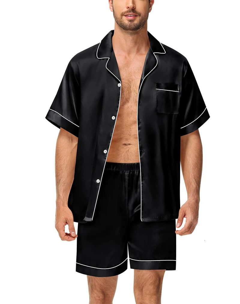 Mens Satin Pajama Set Solid Color Short Sleeve Lapel Top And Elastic Shorts Comfortable Fit Summer Loungewear Sleepwear 250526