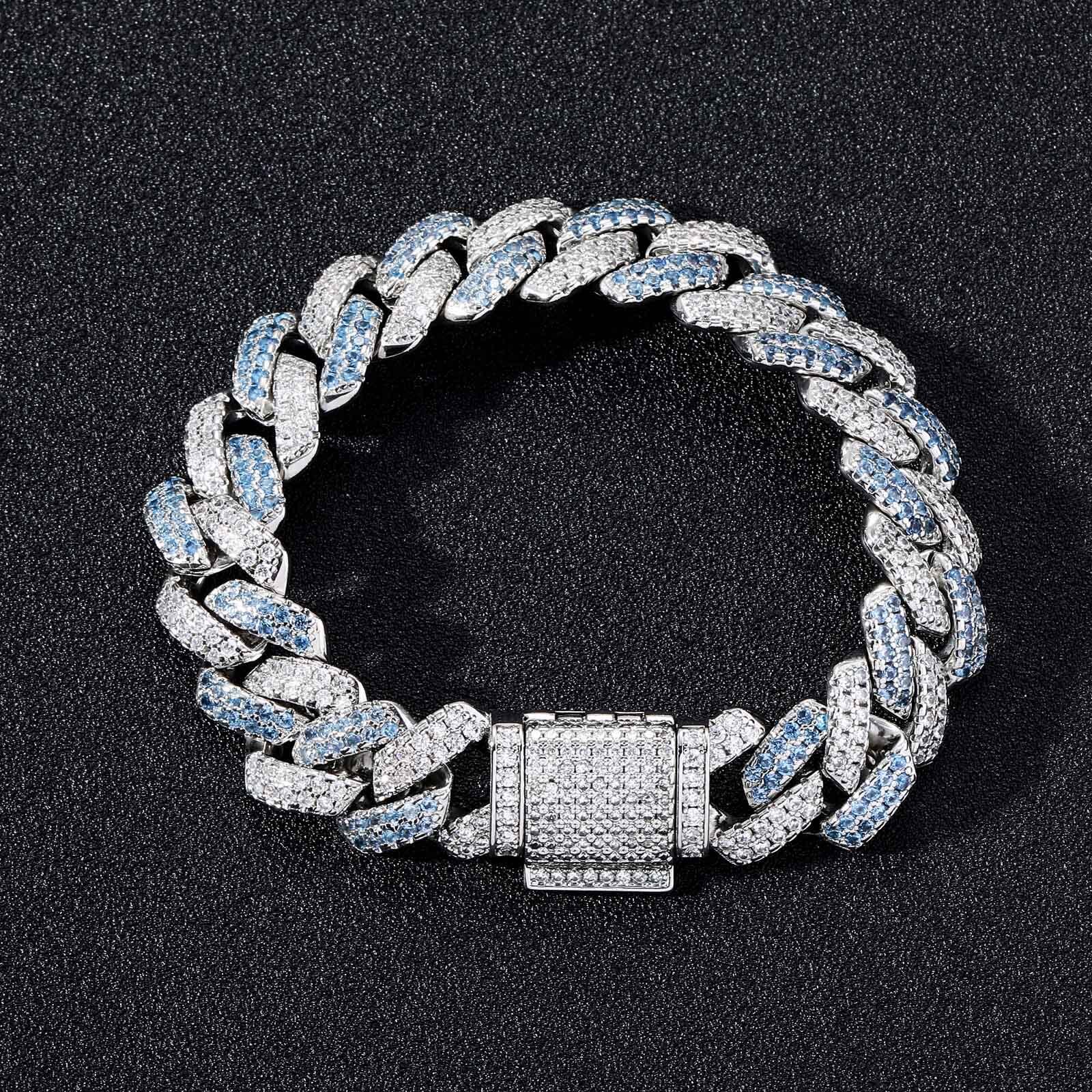Bracelet 14mm strip diamond dense CUBAN CHAIN blue white Moissanite mens Cuban chain hip hop Bracelet moissanite