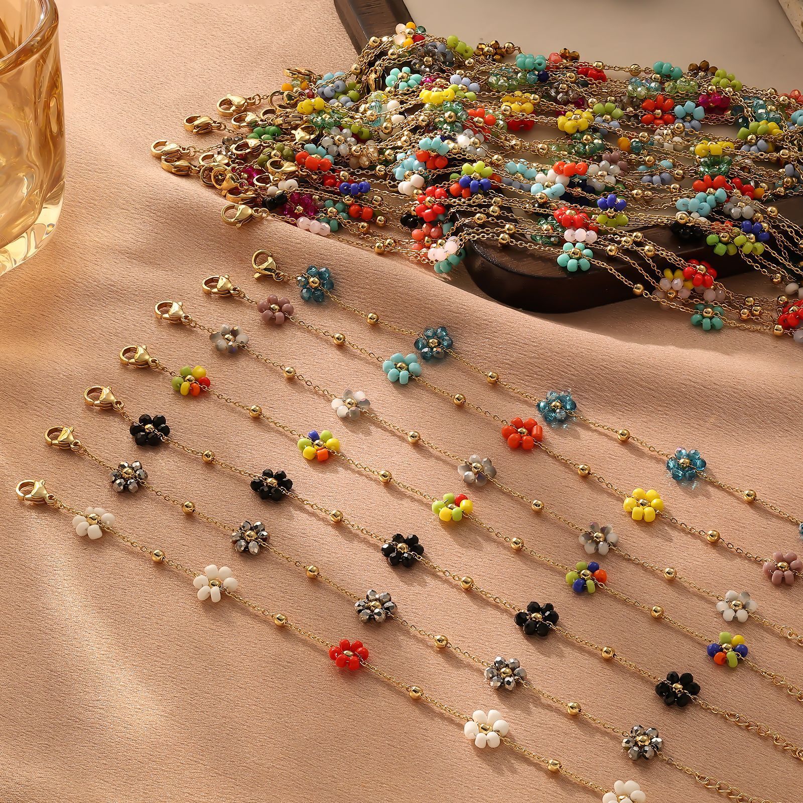 Steel Braided Multicolor Flower Bracelet Handmade Beaded Clavicle Chain Daily Versatile Necklace