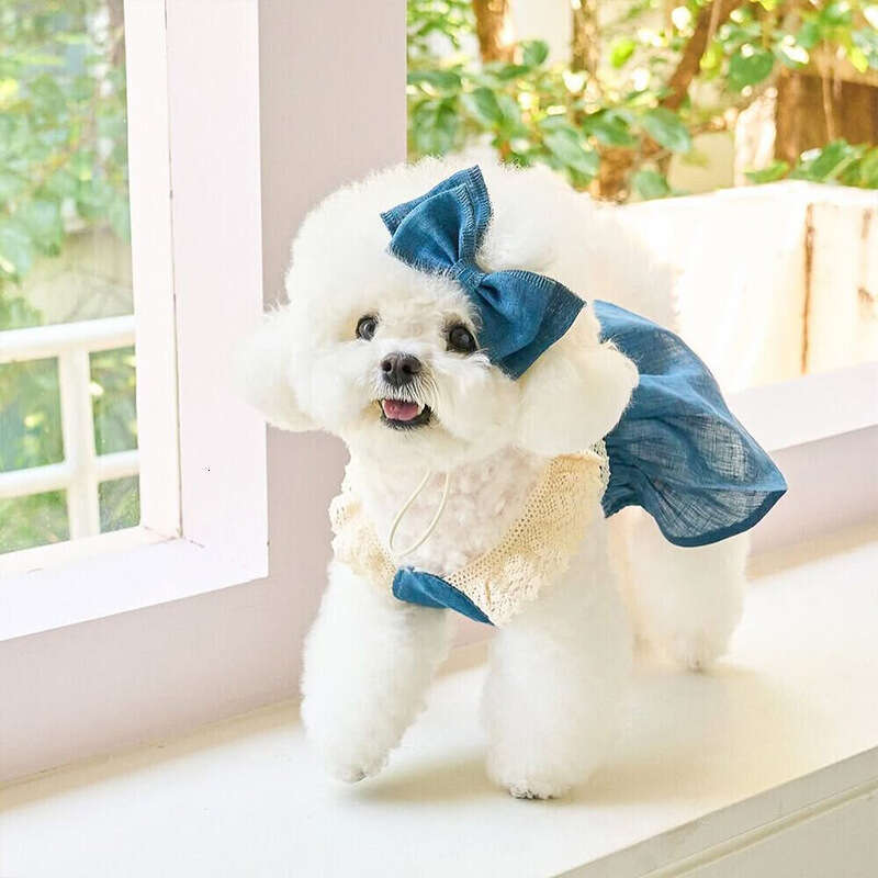 Pet Clothing Dog Cat Puppy Clothes Spring Summer Thin Dress Denim Skirt + Bowknot designer bag