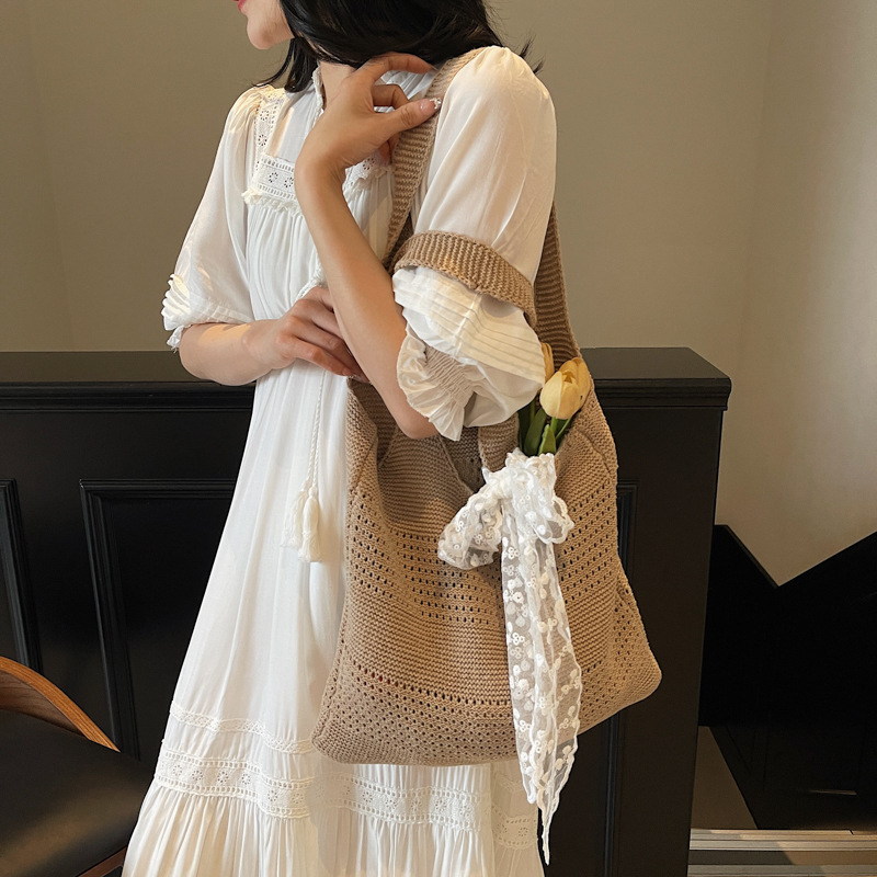 designer Red Bag Large Capacity Summer Beach Bag Seaside Vacation Style Commuter Knitted Bag Lazy Style Woven Tote Bag