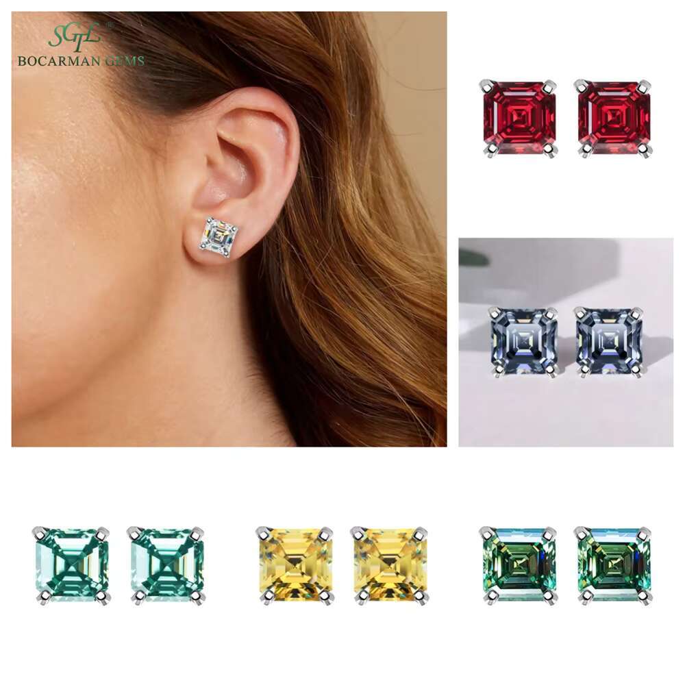 Asscher Cut Moissanite Stud Earrings 1ct 2ct 4-Prong 925 Silver Platinum Plated | Womens Classic Earrings Gift Fast Shipping