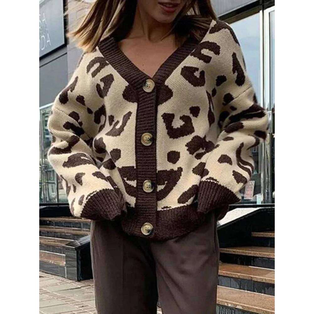 Aoaiiys Leopard Knitted Cardigan For Women Sweater Single Breasted V-Neck Long Sleeve Coat Autumn Winter 2025 Fashion Cardigans