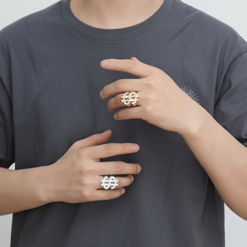 Hip hop jewelry full Moissanite ring hollowed out dollar symbol hip hop trendsetter personality mens ring moissanite