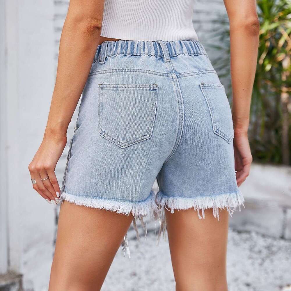 Denim Shorts Jeans Shorts Summer New Washed Rhinestone Beaded Denim Shorts With Fringes Hot Pants Ripped Short Jeans