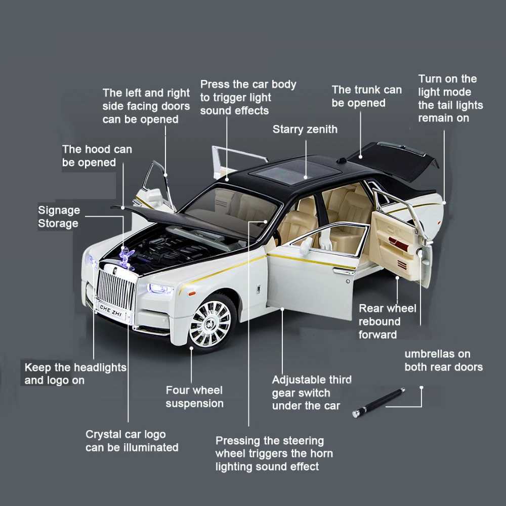 1/24 Rolls Royce Phantom Diecast Model Silated Pull Back Limousine Zinc Alloy Metal Toy Car for Kids Gifts Collection Free shipping