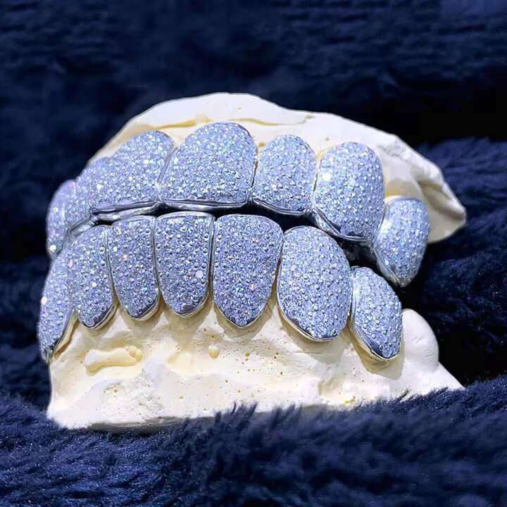 Iced Out Blue Moissanite Grillz Custom for HipHop Men Women - VVS Diamond Teeth Bling Jewelry 925 Sterling Silver Grillz