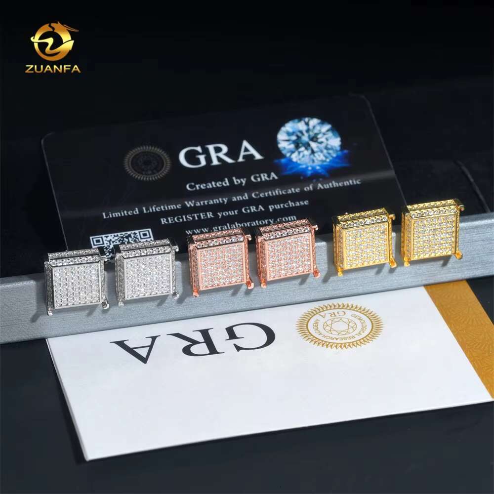 Luxury Big Square Shape Full Iced Out Hip Hop GRA Certertificate 925 Sterling Silver Men Moissanite Earrings