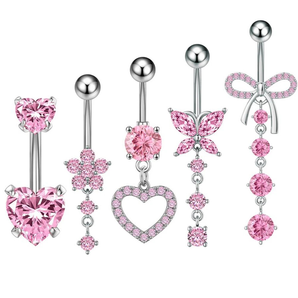 5pcs Pink Series Butterfly-Bow Belly Button Ring Sets 14G Curved Navel Piercings Nombril Women Heart Flower Zircon Belly Rings 250530