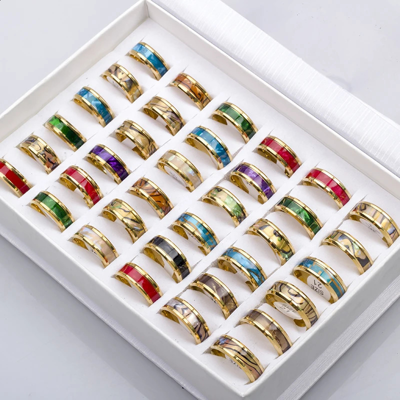24 Pcs/Lot Fashion Sparkling Multicolor Shells Stainless Steel Rings For Women Men Mix Style Wedding Party Finger Jewelry 250528