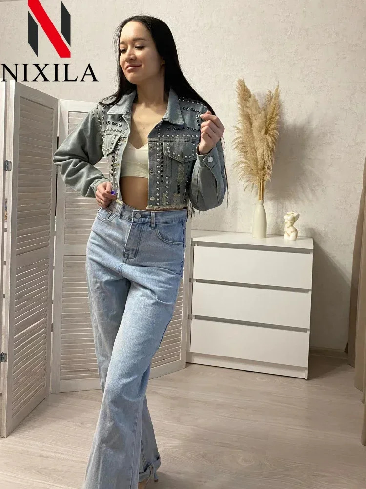 Spring Summer Womens Denim Jacket Heavy Rivet Studded Jean Coat Long Sleeved Top with Worn Nail Bead Detail 250529