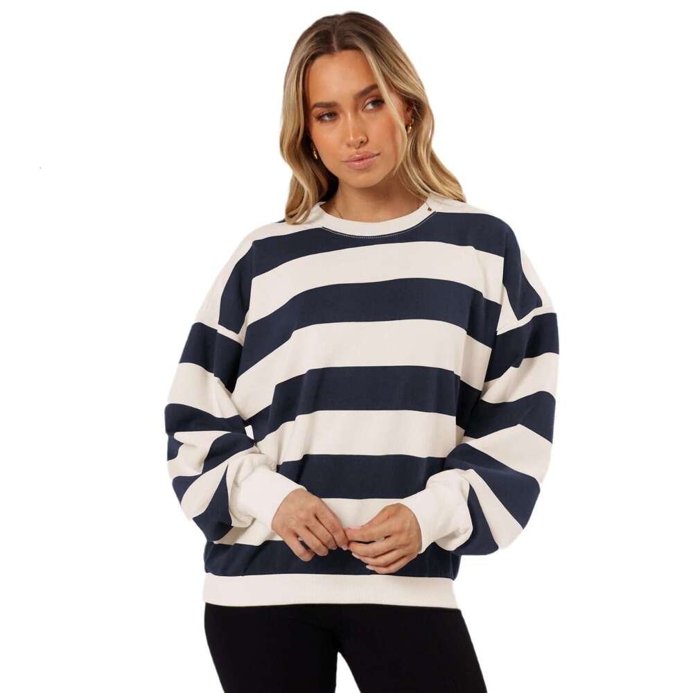 Hot-Selling Trendy Loose Fit Cool Striped Crew Neck Lantern Sleeve Women's Sweatshirt for Autumn and Winter