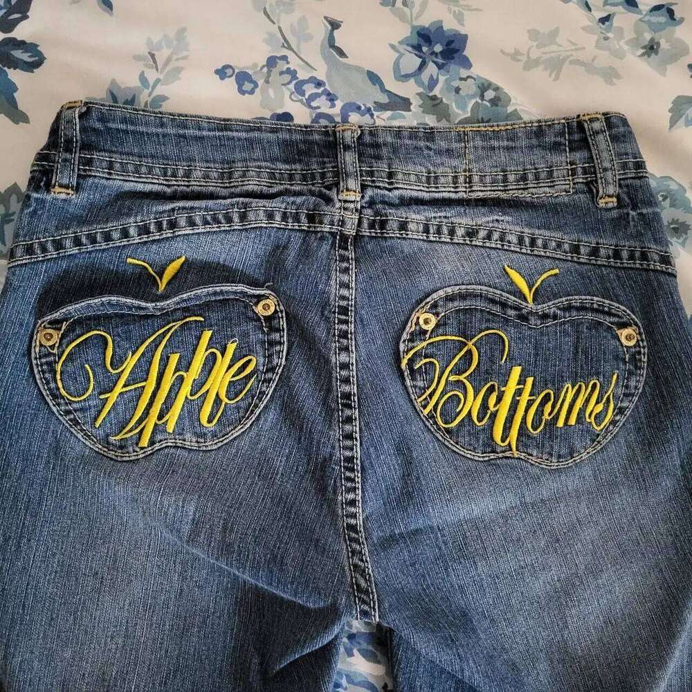 Apple Bottoms Womens Yellow Pocket Embroidery Baggy Jeans Y2k Women Clothes Haruku Gothic Hip Hop High Waist Slim Denim Pants