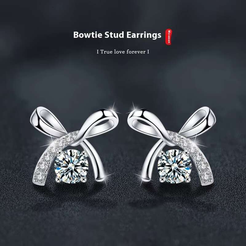 Mosang Womens S925 Sterling Silver Bow Earrings Light Luxury All-Match Korean Style Factory Direct Supply Moissanite Jewelry