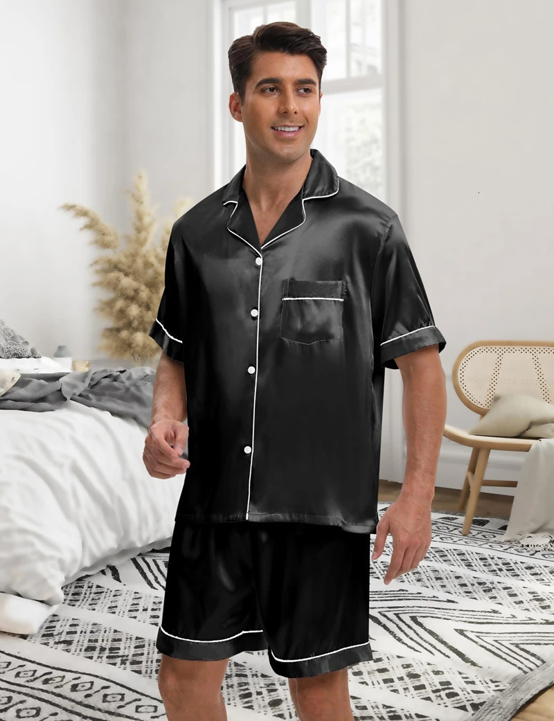 Mens Satin Pajama Set Short Sleeve Lapel Front Buttons Top And Elastic Shorts Comfortable Fit Loungewear Sleepwear Pjs 250526