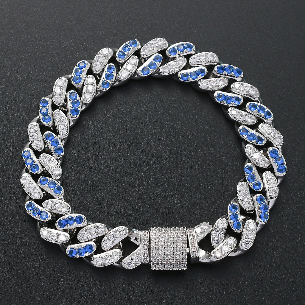 Hip hop Bracelet 12mm micro inlaid sea blue white Moissanite Cuban chain hipHip hop fashion accessories moissanite