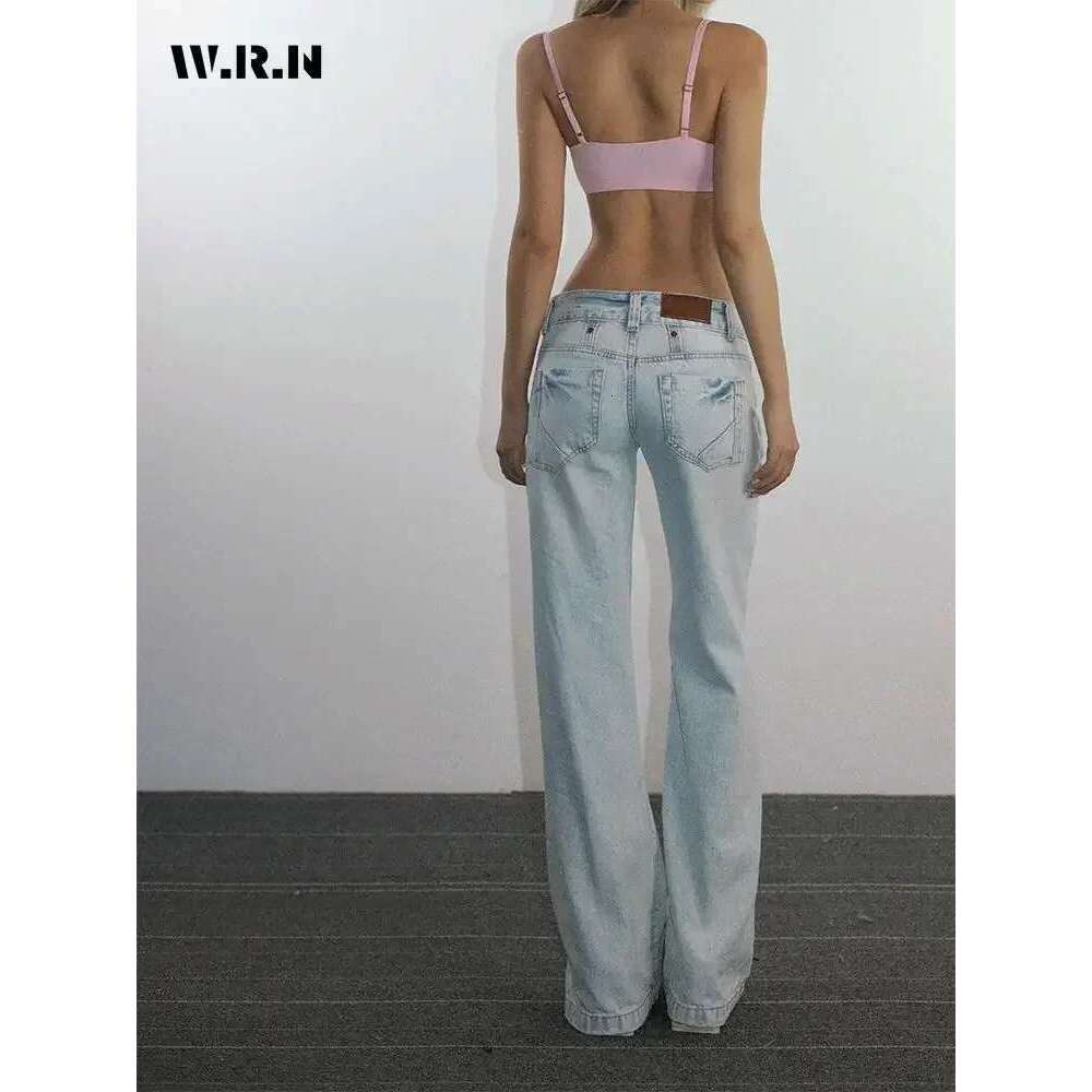 Coats Designer Women Warenew Light Blue Low Waist Jeans Woman Streetwear American Vintage Denim Pants Female Casual Washed Straight Pantalons Mujer De