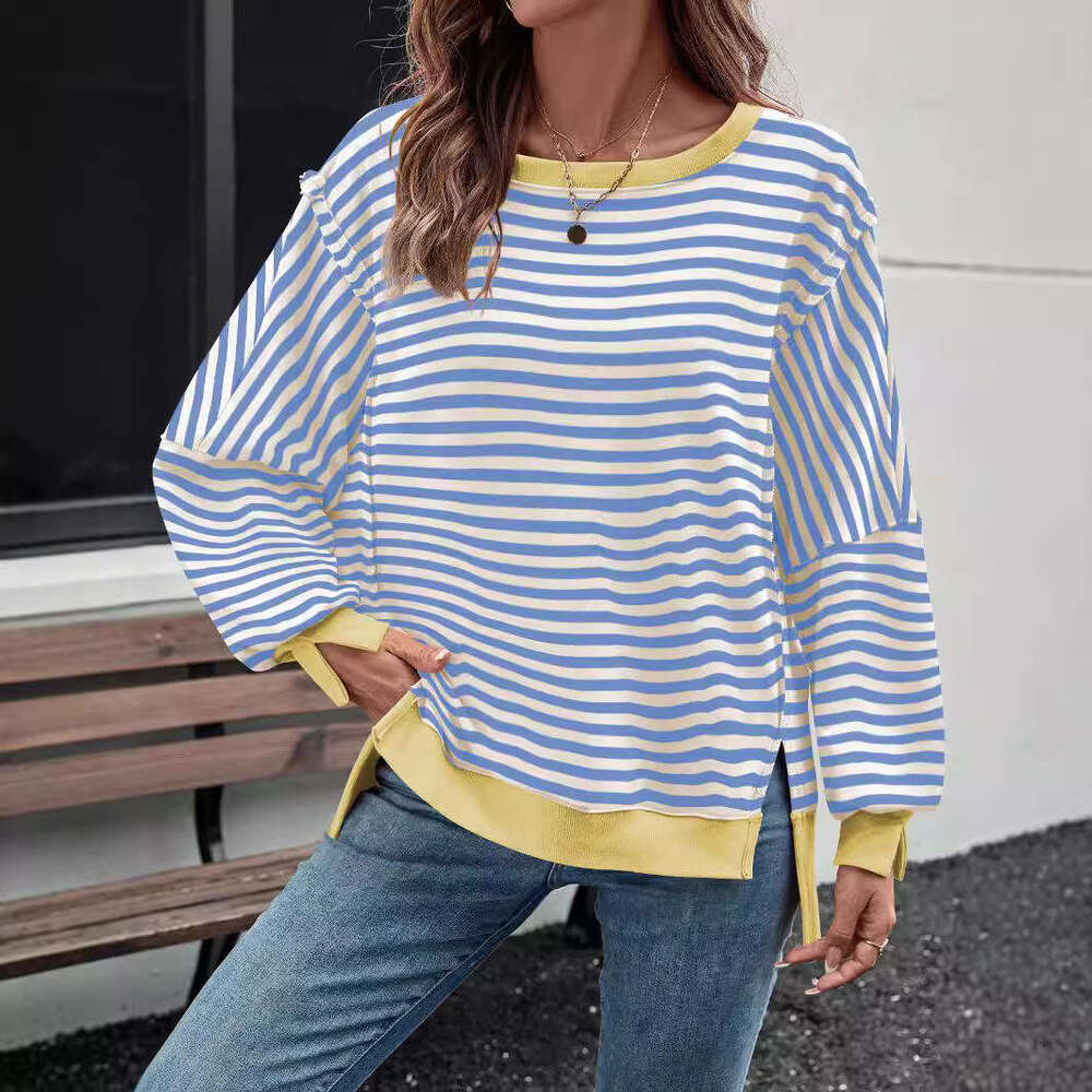 Hot Selling Casual Loose Autumn Winter Long Sleeve Striped Split Round Neck Design Street Style Sweatshirt Top