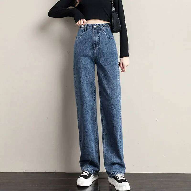 High-Waisted Straight-Leg Denim Trousers Loose-Fit Sensibility Multiple Buckles Adjustable Pear-Shaped Body For Women Vintage