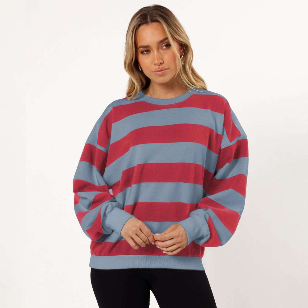 Hot-Selling Trendy Loose Fit Cool Striped Crew Neck Lantern Sleeve Women's Sweatshirt for Autumn and Winter