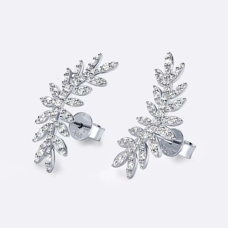 Exquisite Original Design 925 Sterling Silver Round Cut Moissanite Leaf-Shaped Climber Stud Earrings for Women Piercing Jewelry