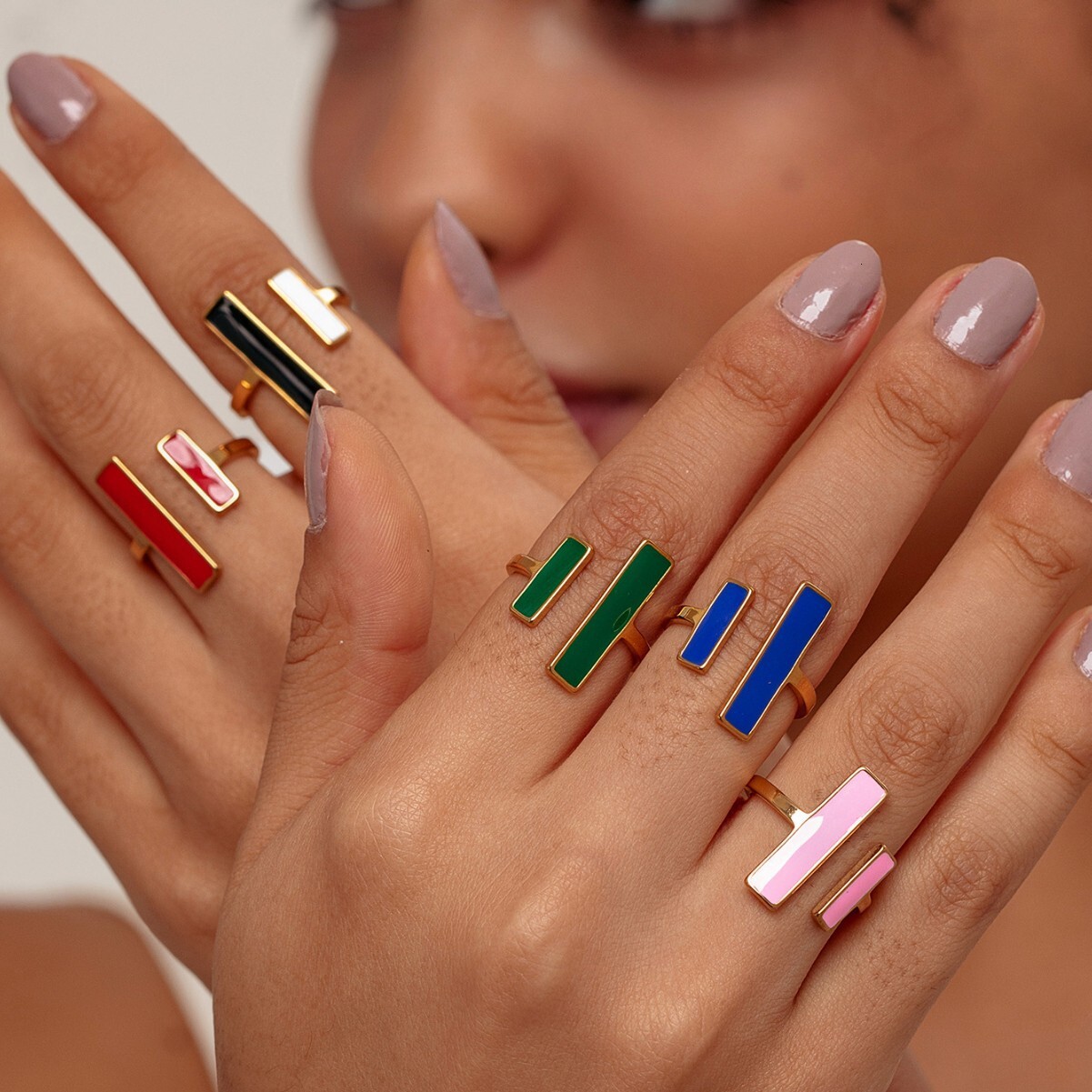 High-End Oil Drip Double Vertical Opening Ring Fashion Women's Color-Blocking Non-Fading Hand Jewelry