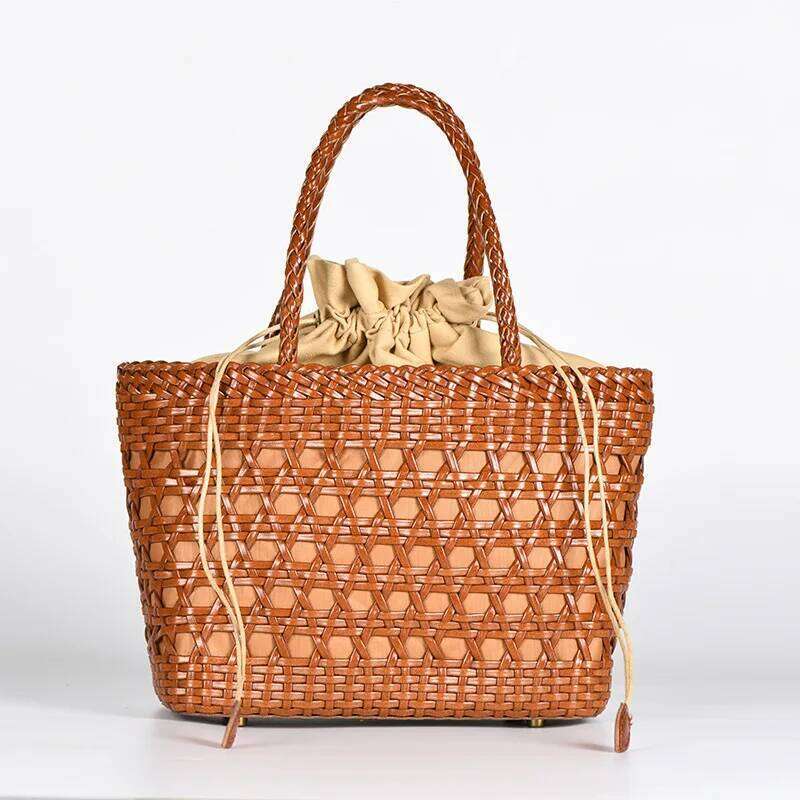 2025 Summer New Handmade Woven Genuine Leather Hollow Vegetable Basket Handbag Ins Fashion Women's Bag