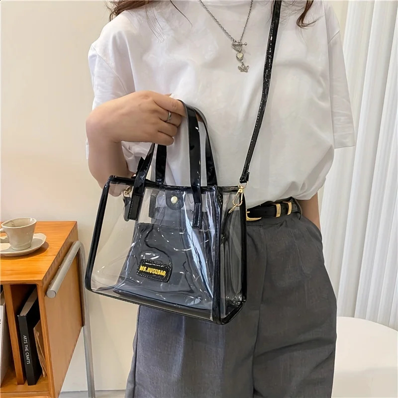 2Pcs Clear PVC Tote Bag Set Trendy Jelly Crossbody Bag Waterproof Summer Beach Bag With Inner Pouch 250530
