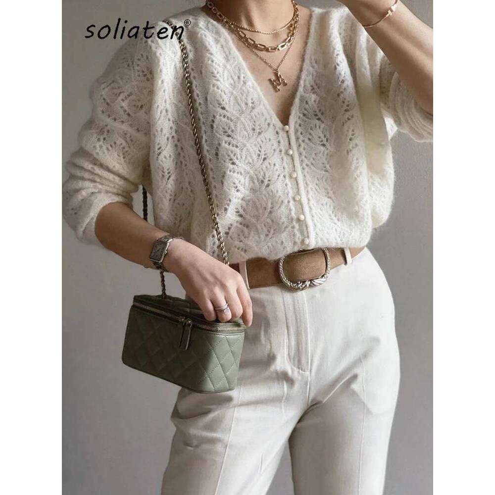 High Quality Women Mohair Blend Hollow Out Cardigan French Spring Autumn Ladies Single Breasted Solid Color Sweater Coat C-172