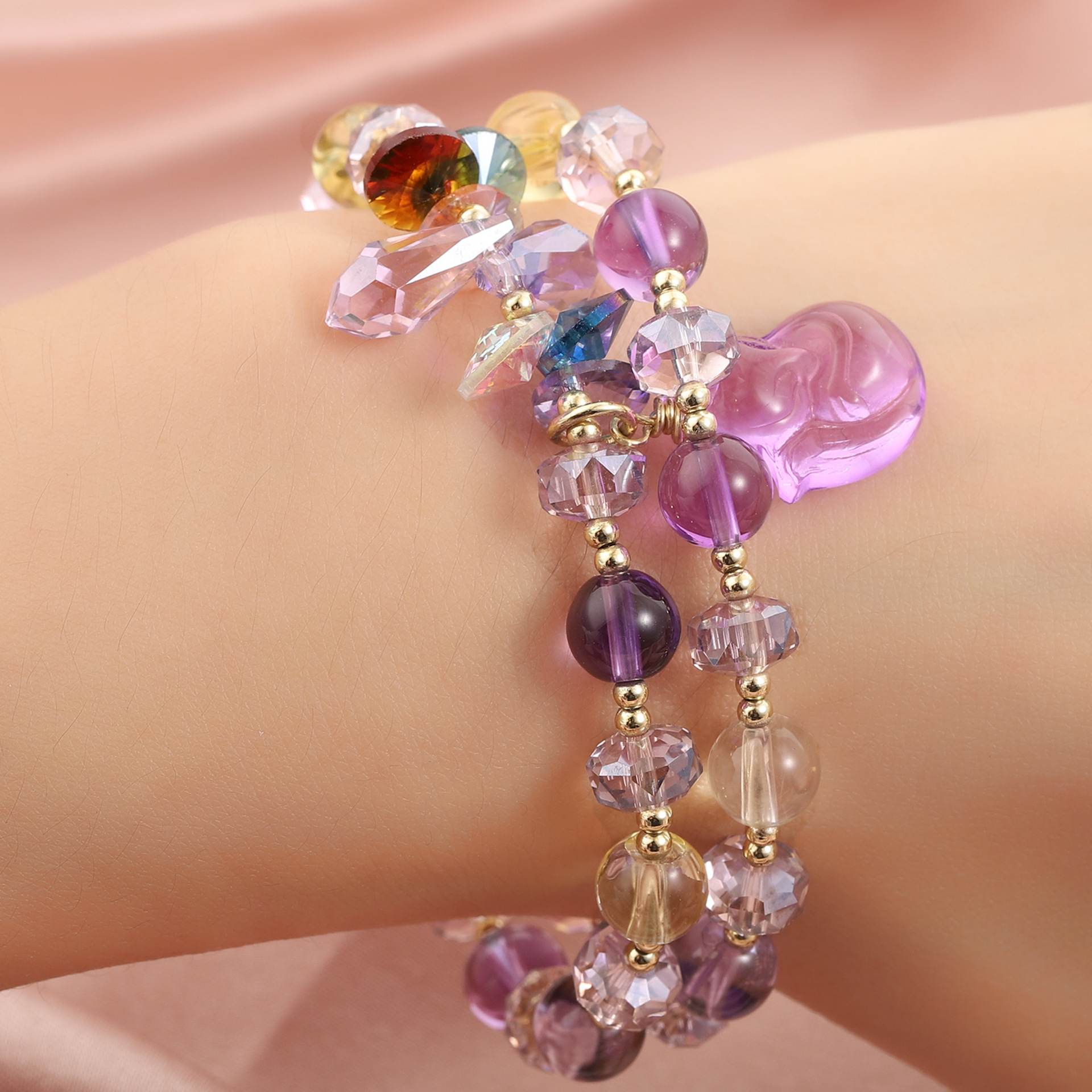 Korean version new energy amethyst double circle simple and fashionable fox pendant elastic rope creative design bracelet