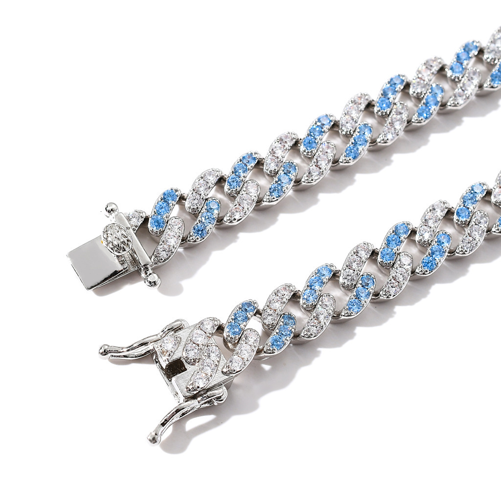 BRACELET 9mm single row blue and white Moissanite micro inlaid Cuban bracelet mens and womens simple hip hop accessories moissanite
