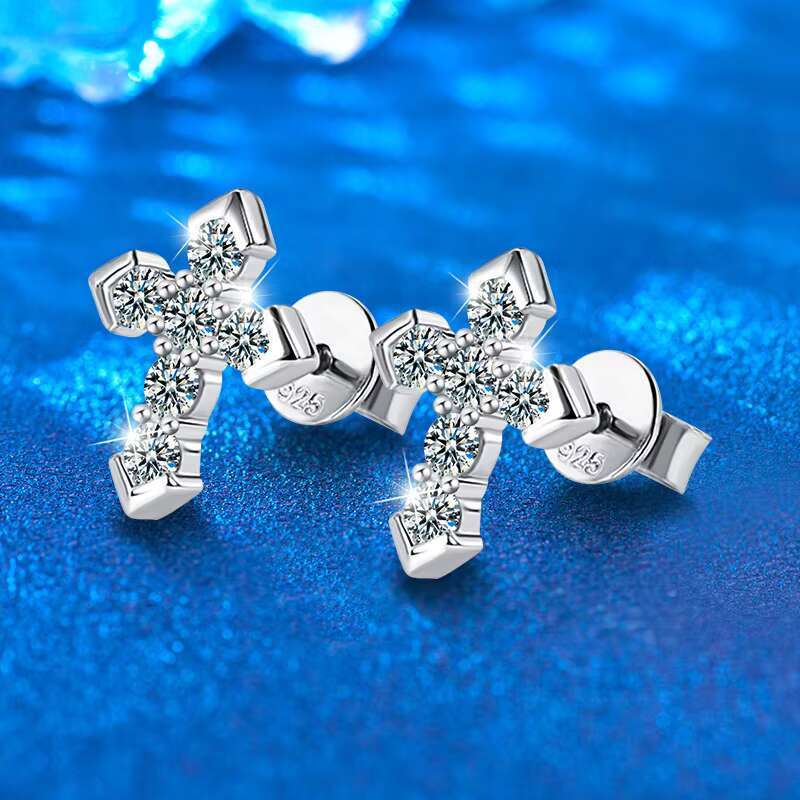 Luxury Silver Jewelry 925 Sterling 0.06carat Moissanite Cross Earrings for Girls