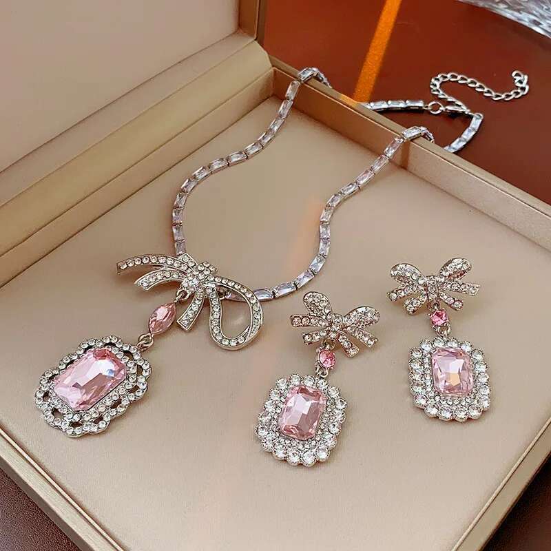 Sweet Square Rhinestone Bow Drop Earring Pendant Necklace Light Temperament High-End Designer Women's Jewelry Sets Party