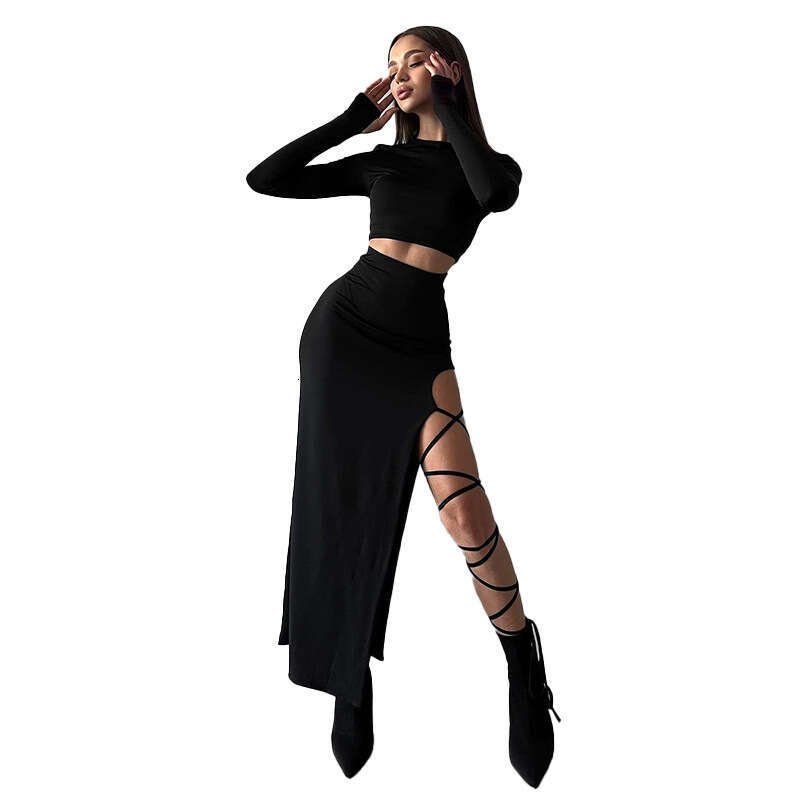 D23ST272 European and American women's autumn color long sleeved round neck top slim fit strap half skirt set 2025 new casual fashion trend cloth