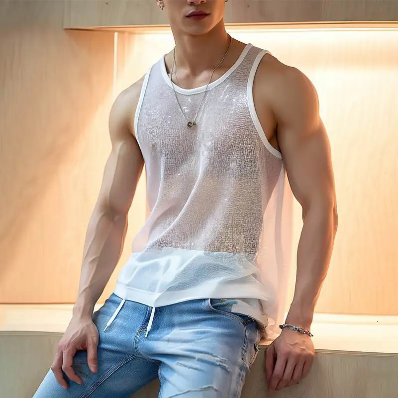 Summer Mens Knit Fashion Transparet Tank Tops O Neck Sleeveless Mesh Sexy Solid Color Vest Breathable Party Men Clothing 250527
