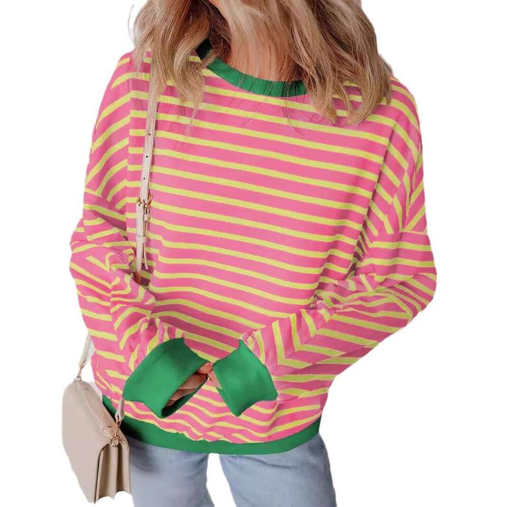 Autumn Winter New Striped Crewneck Sweatshirt for Women Versatile Warm Pullover Long Sleeve Top