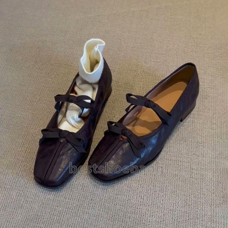 2025 Elegant Bowknot ballet flats loafers mary jane Classic Square Toes Comfort dress shoes Ladies low heels Fashion Leather Slip-On women shoes