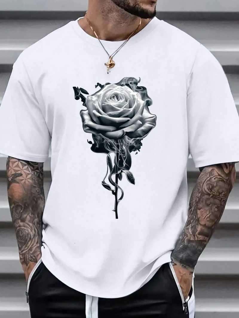 Rose Floral Graphic Cotton T-shirt Men Fashion Big Size Top Casual Short Sleeve Streetwear Classic Print Tee S-4XL 250530