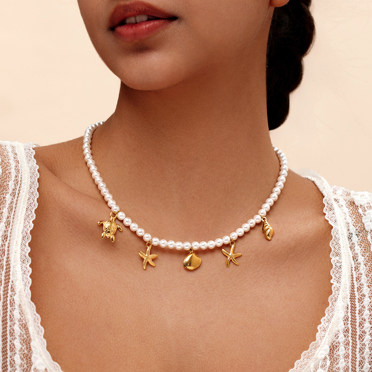 Style Fashion Trend Multiple Pendant Imitation Pearl Short Asymmetric Star Necklace