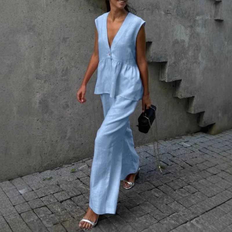 Elegant Women Two Piece Sets Fashion Summer Sleeveless Single Breasted Vests Wide Leg Pants Suit Casual Office Lady Outfits 250530