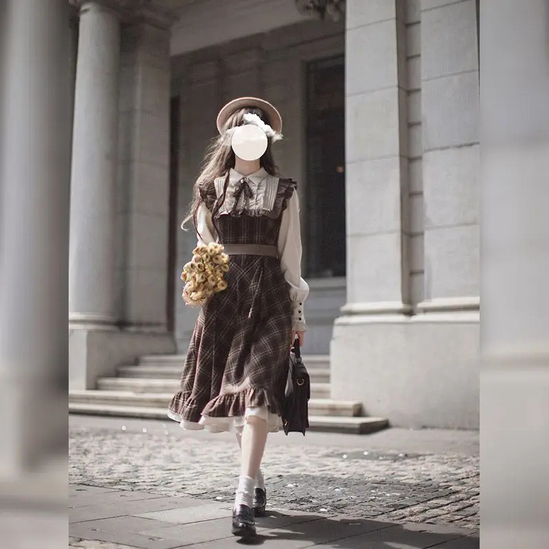 Coalfell Military Checkered Tweed Dress Women Autumn and Winter Two Piece Literary Sweet Retro Style Long Dresses Female 250529