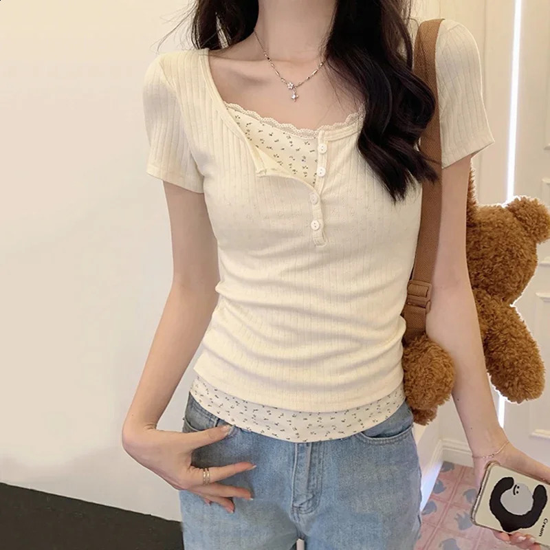 Women Soft Floral Lace Summer Blouse Lady Sweet Button Slim Fit 2024 Spliced Tops Female Seaside er Short sleeved T-shirt 250521