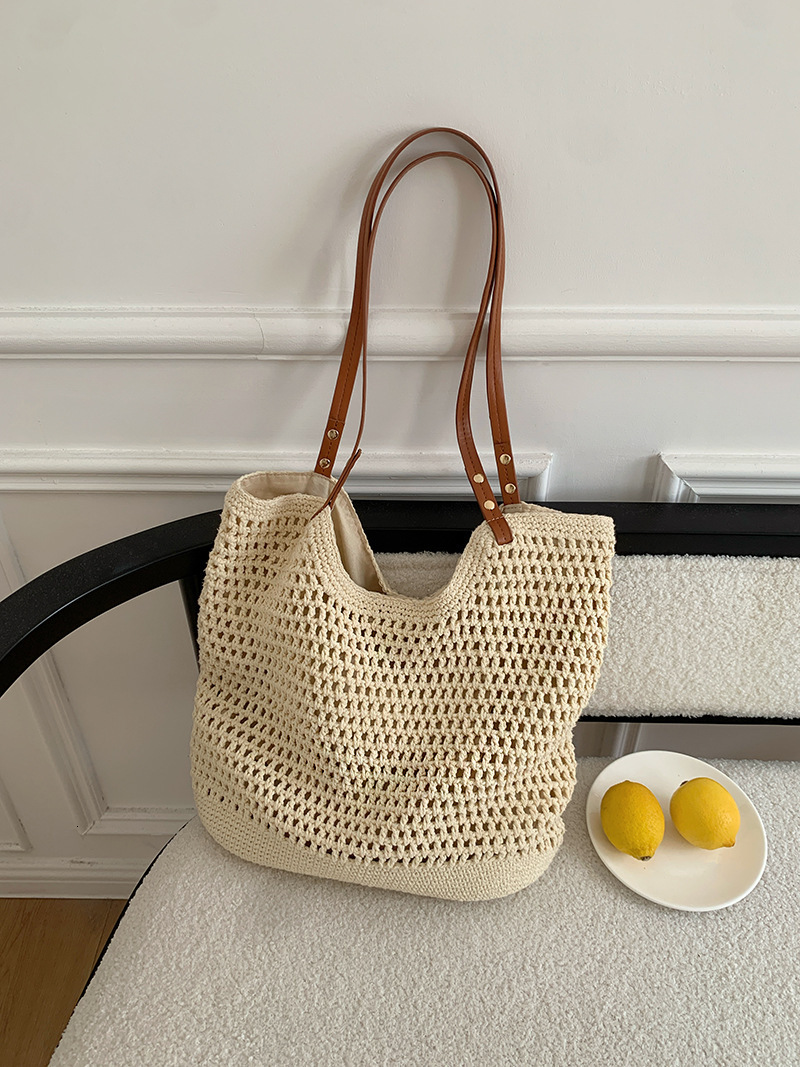 designer 2025 New Large Capacity Single Shoulder Cotton Woven Bag New Hollow Mesh Tote Bag Beach Vacation Bag