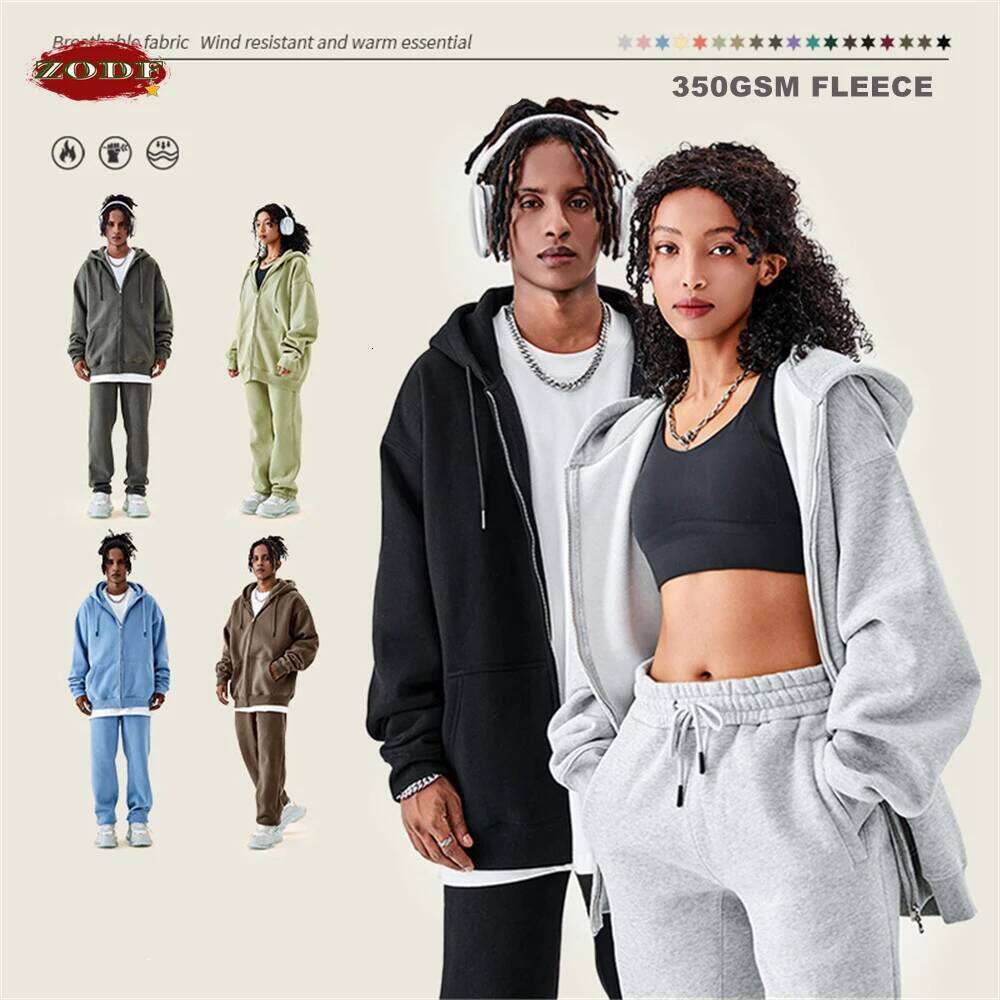 2025 ZODF Basic Winter Men Fleece Zipper Hoodies Unisex Casual Loose 350Gsm Warm Solid Hooded Sweatshirts Coats 18 Colors Hy0726 Designer