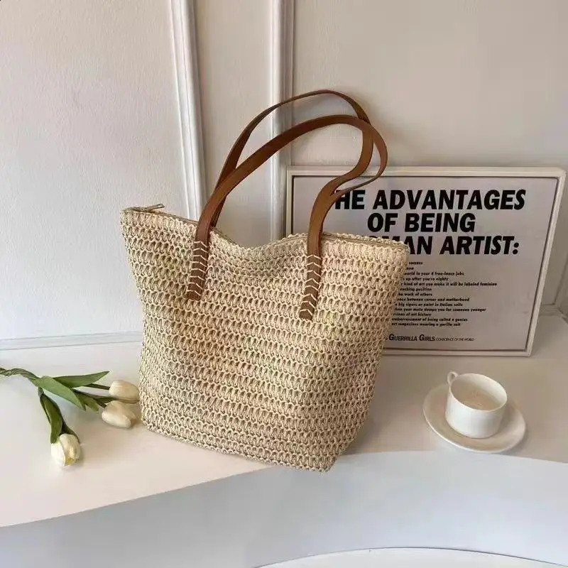 Summer Beach Bag Large Capacity Tote Shoulder Bag Women Handmade Woven Straw Rattan Reusable Eco-Friendly Bohemian Stylish Grass 250530