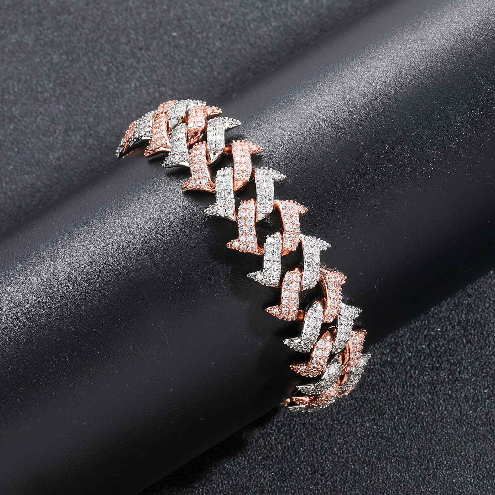 Hip Hop 18mm Pink White Moissanite Spiked Thorn Cuban Chain Bracelet Spring Clasp Mens Personality Hip Hop Bracelet moissanite