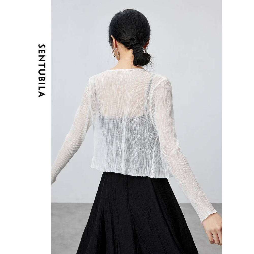 SENTUBILA V-Neck Casual Cropped Knitted Cardigan 2024 Summer Straight Single Breasted Solid Long Sleeve Tops Clothing W42h55364