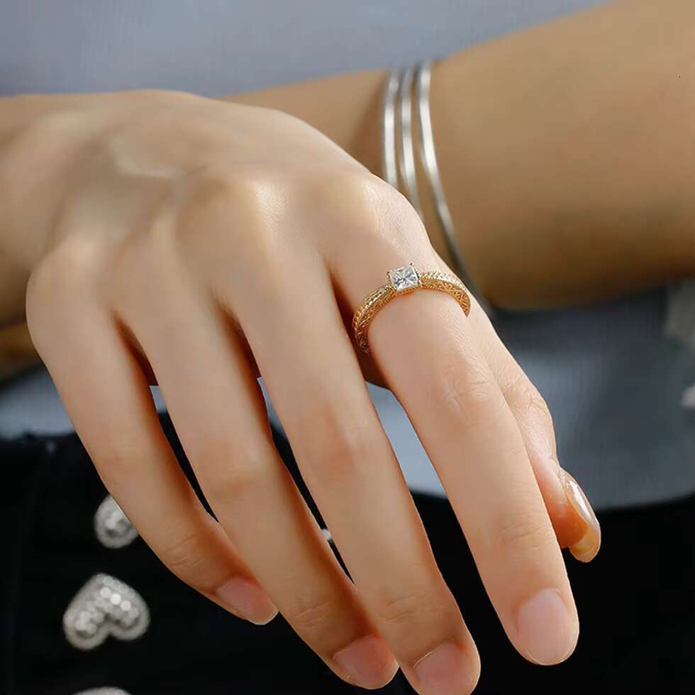 925 Sterling Silver 14K Gold Plated Gemstone Retro Style Geometric Square Moissanite Zircon Ring